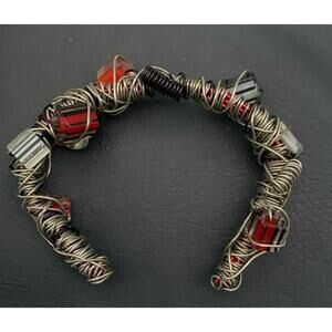 Steampunk Brutalist Artistic Red Black Bead Wire Wrapped Cuff Bracelet